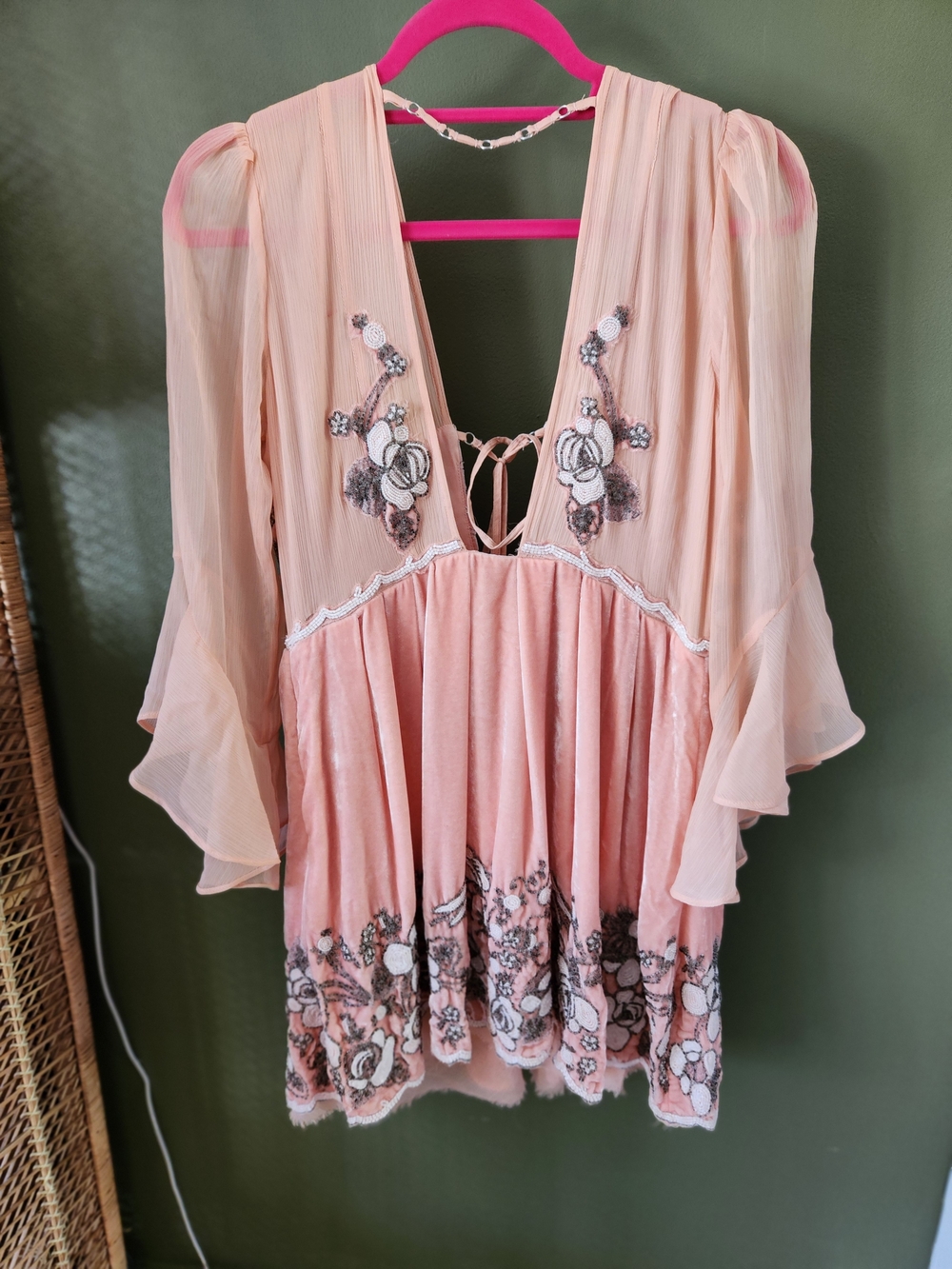 Free People Velour Peach color dress with heavy embroidery Size Large